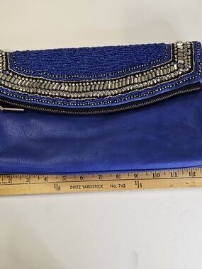 NWOT Vince Camuto Beaded Fold-Over Clutch in Cobalt Blue with Silver Accents